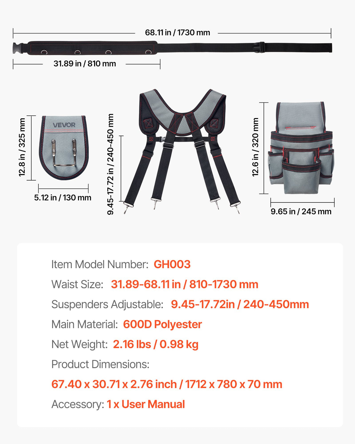 Tool Belt with Suspenders, 22 Pockets - image 5