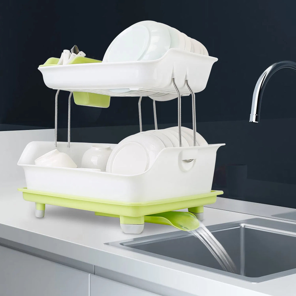 2-Tier Countertop Dish Rack with Drain Tray and Cutlery Holder - image 9