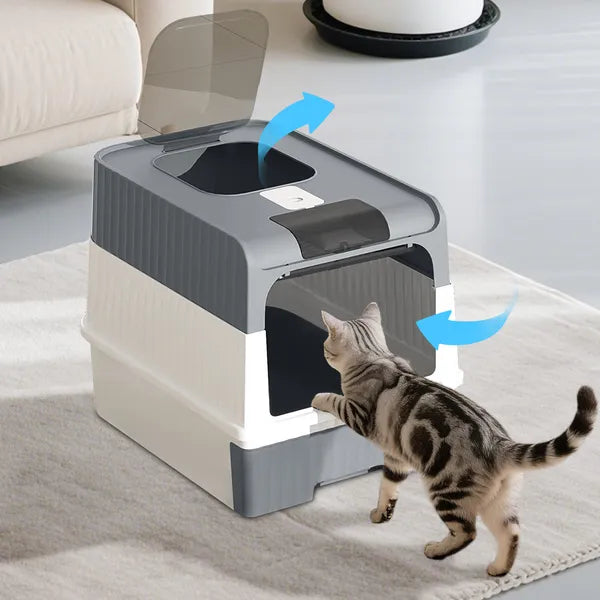 Easy-Clean Cat Litter Box with Drawer, Grey