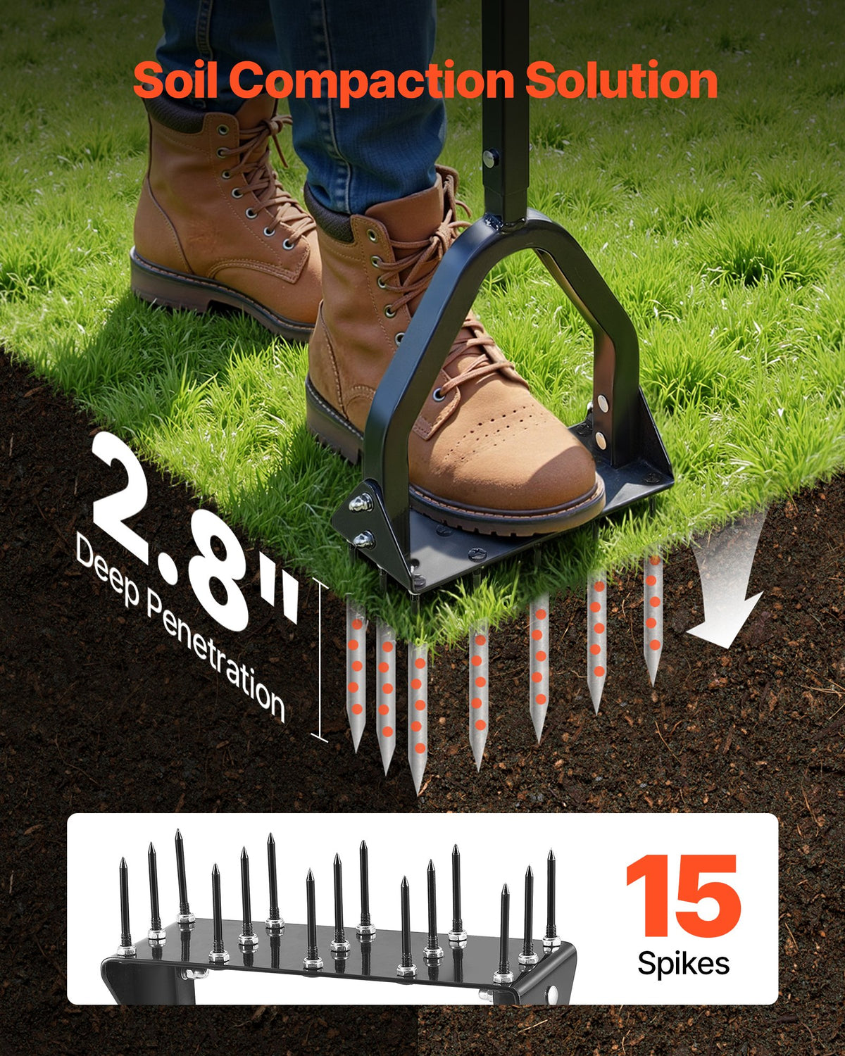 Manual Lawn Aerator, 15 Spikes, Foot Plate - image 4