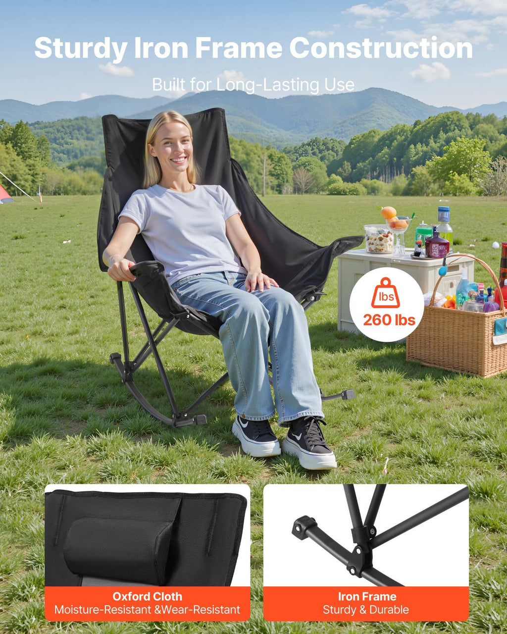 Folding Rocking Camping Chair, Black/Gray - image 2