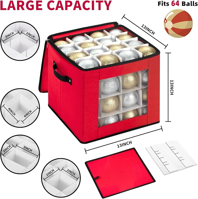 Christmas Ornament Storage Box, Holds 64, Red