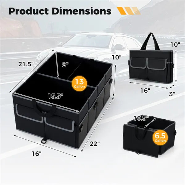 Trunk Organizer with Dividers, 13 Gallon, 3 Compartments + 6 Pockets