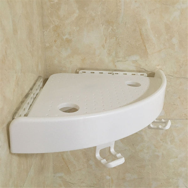Bathroom Corner Shelf with Hooks, White