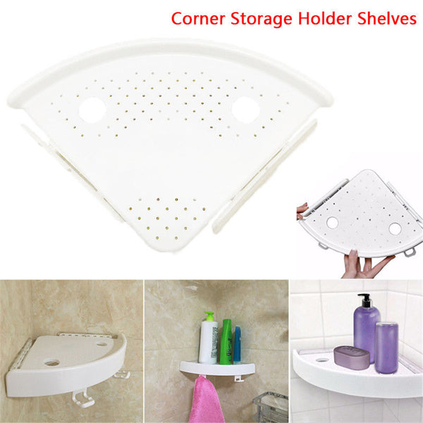 Bathroom Corner Shelf with Hooks, White - image 3