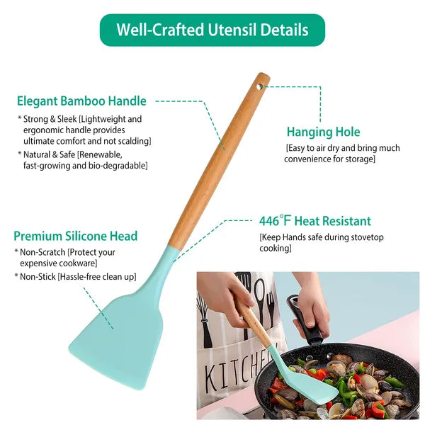 Silicone Cooking Utensil Set with Wood Handles, 11 Pieces, Light Green