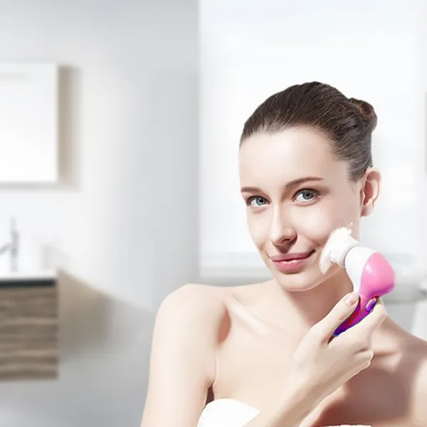 Facial Cleansing Spin Brush with 5 Heads, Pink - image 2