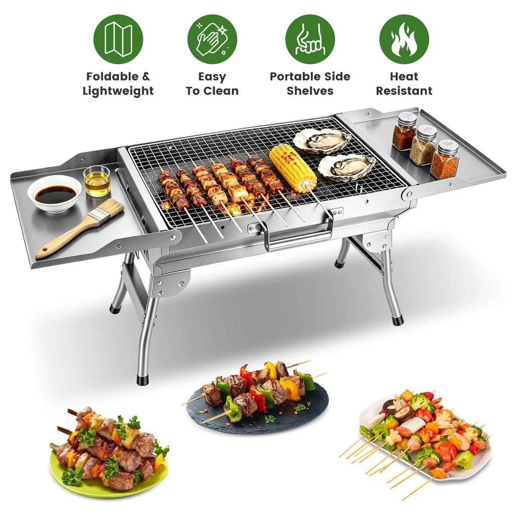 Foldable Charcoal Grill with Side Shelves, Stainless - image 5