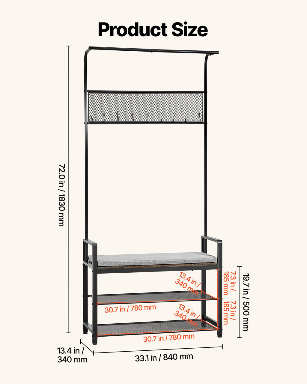 Hall Tree, 72 in Coat Rack with Shoe Bench, Black - image 4