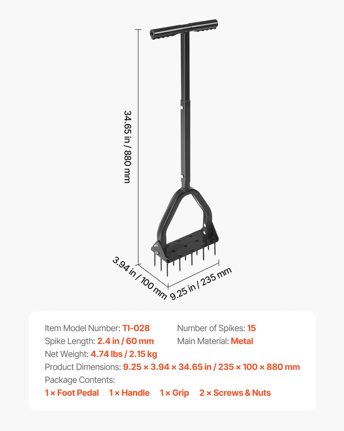 Manual Lawn Aerator, 15 Spikes, Foot Plate