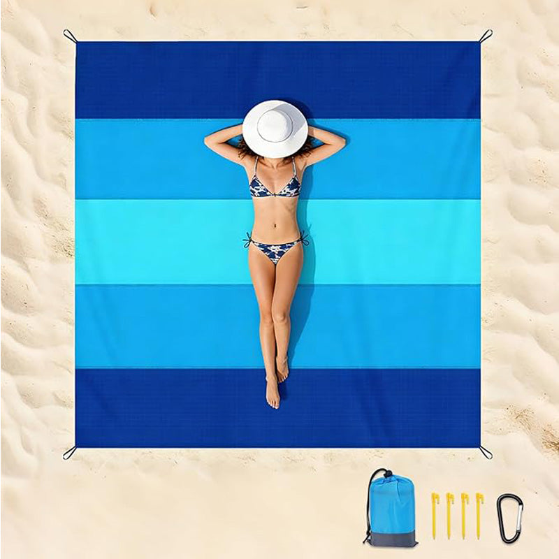 Extra Large Beach Blanket with Stakes, Blue Stripe - image 8