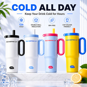 Insulated Tumbler with Handle and Straw, 26 oz, Yellow