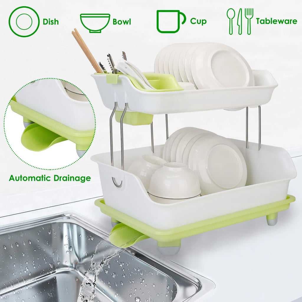 2-Tier Countertop Dish Rack with Drain Tray and Cutlery Holder - image 8