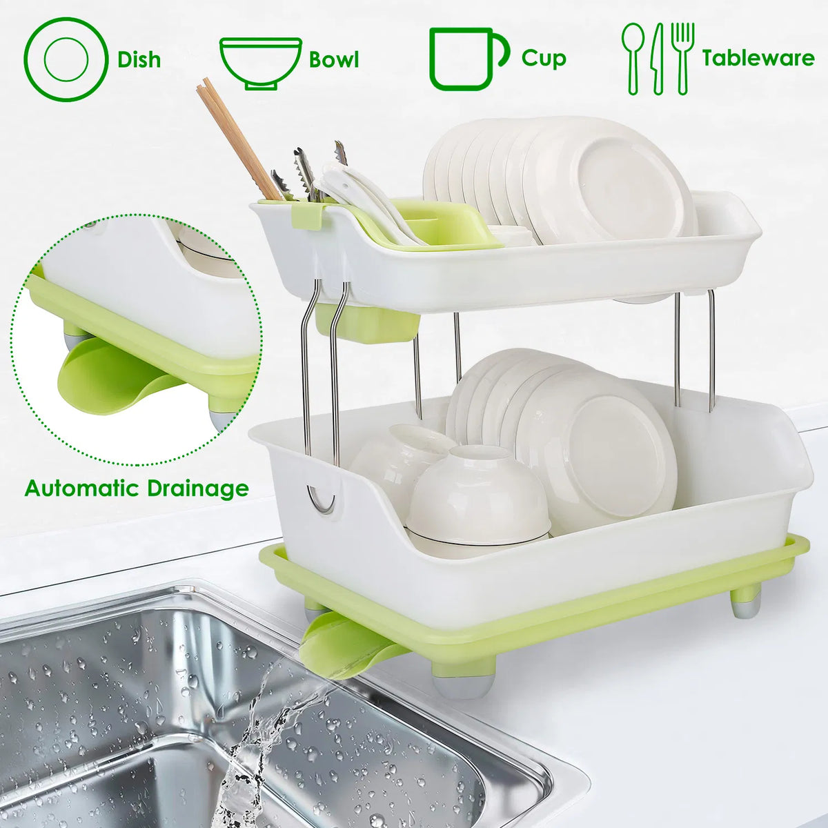 2-Tier Countertop Dish Rack with Drain Tray and Cutlery Holder - image 8