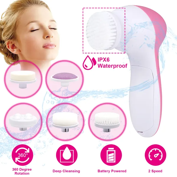 Facial Cleansing Spin Brush with 5 Heads, Pink - image 3