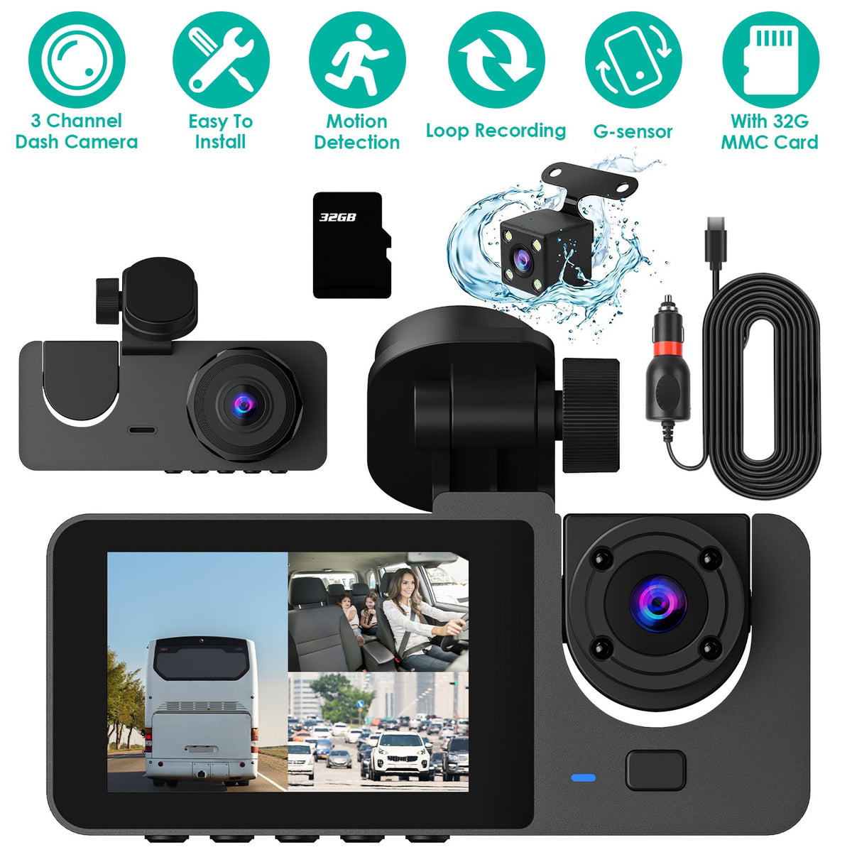 3-Channel Dash Cam, Front, Inside & Rear