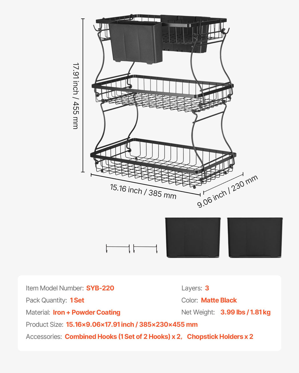 3-Tier Fruit Basket with Banana Hanger, Black - image 5