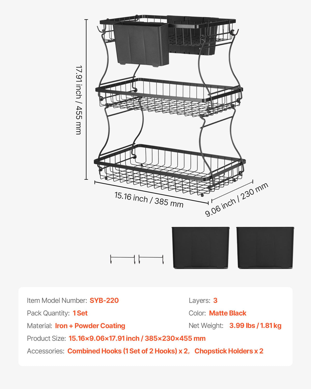 3-Tier Fruit Basket with Banana Hanger, Black - image 5