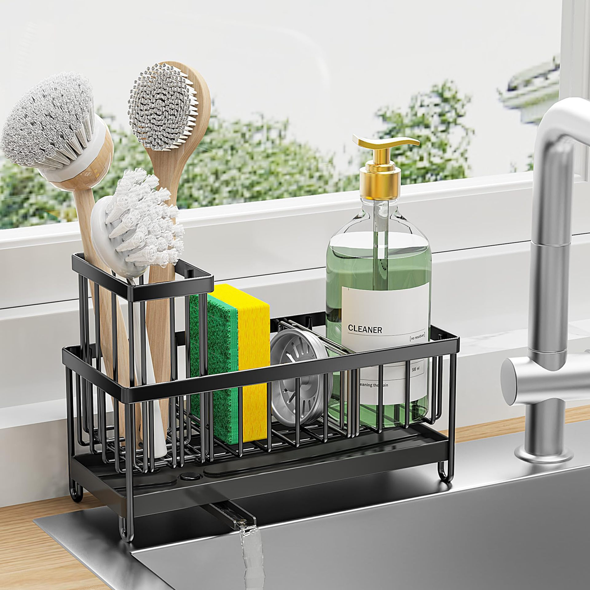 Kitchen Sink Caddy with Sponge and Brush Holder, Black - image 3
