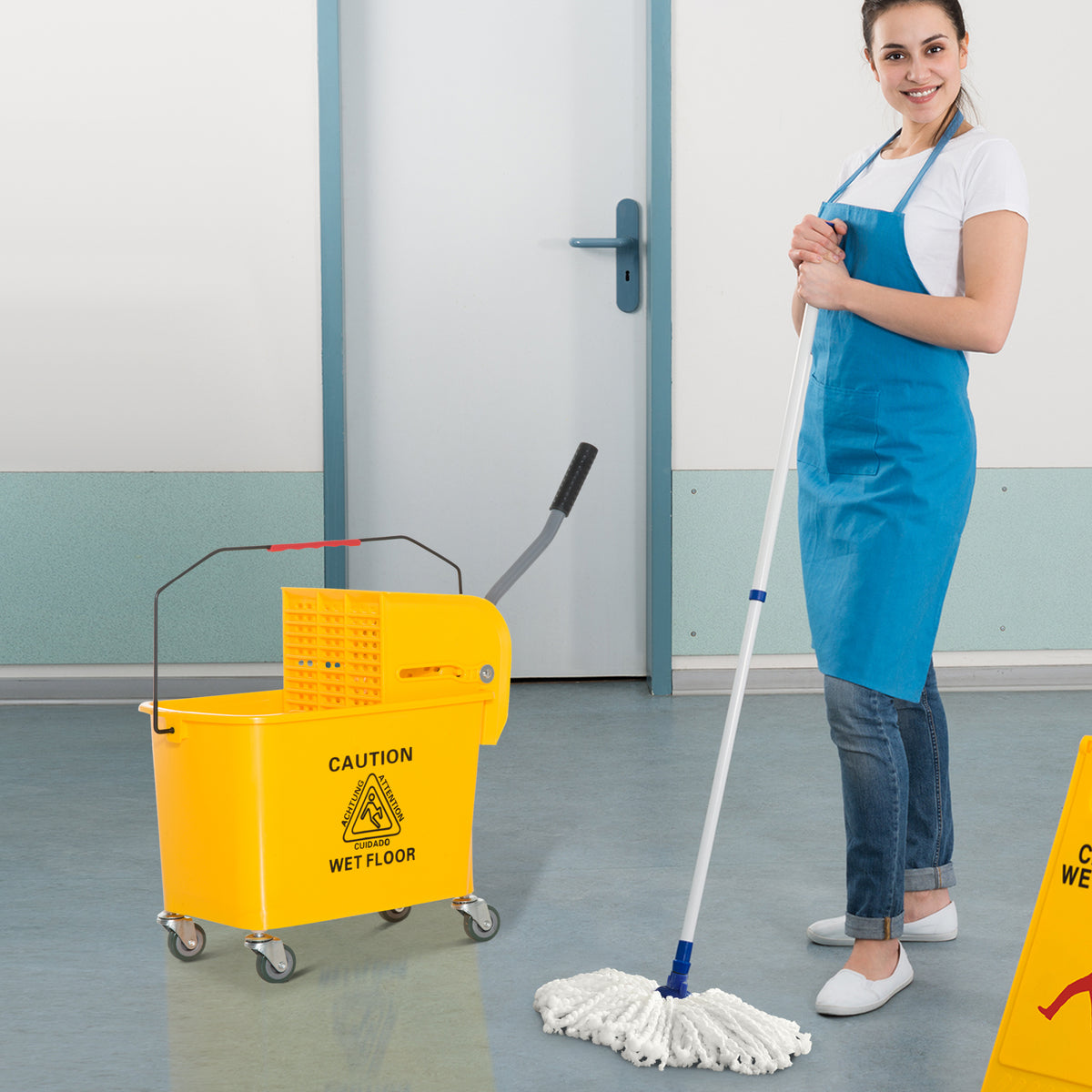 Mop Bucket with Wringer on Wheels, 21 Qt, Yellow