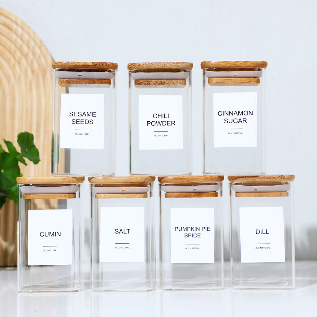 Square Glass Spice Jars with Labels, 12 Pack
