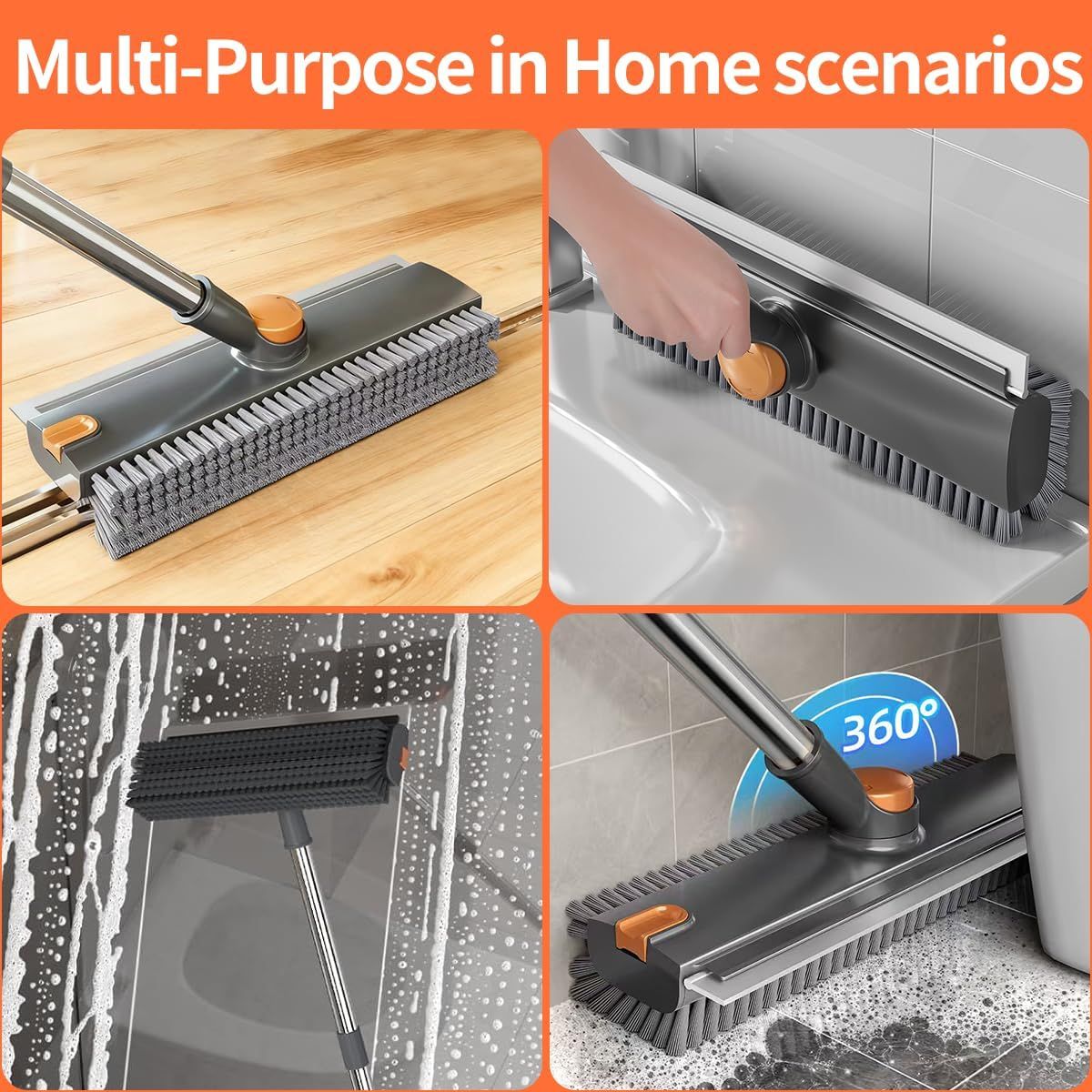 Floor Scrub Brush with Squeegee and Long Handle, Grey - image 9