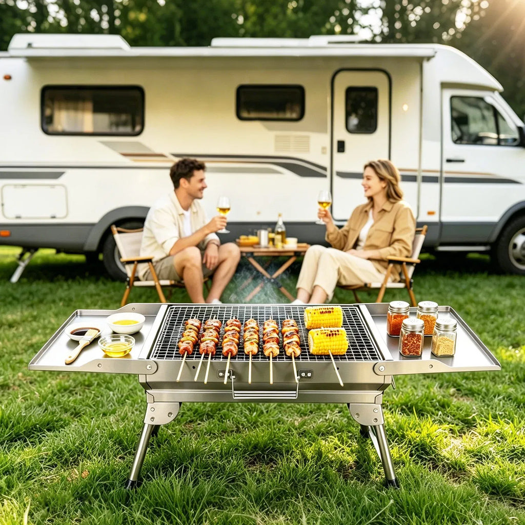 Foldable Charcoal Grill with Side Shelves, Stainless - image 4