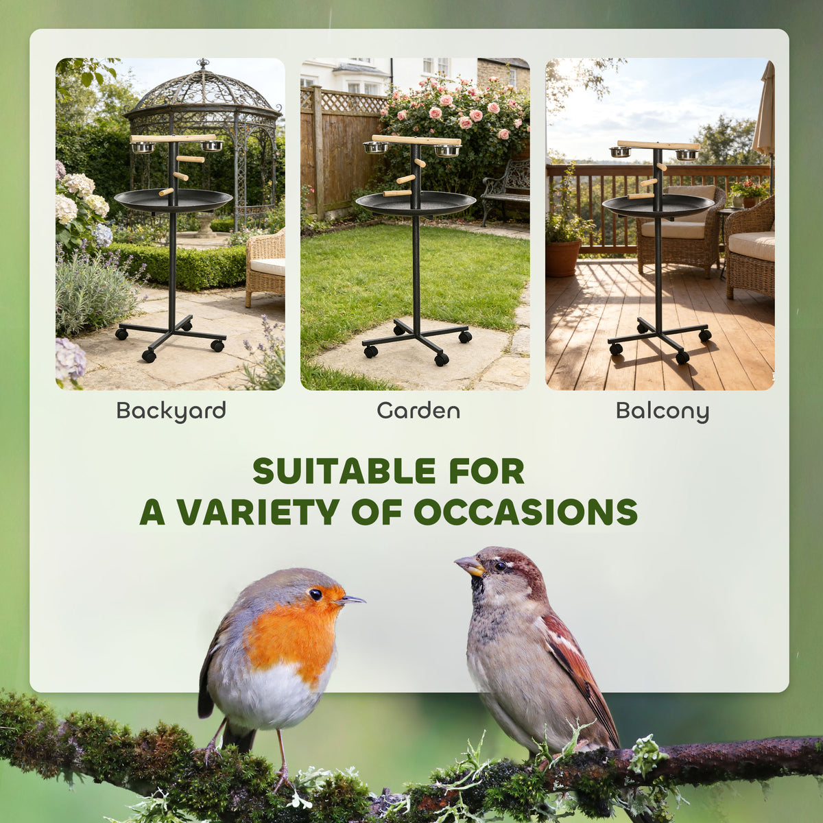 Bird Play Stand with Wheels and Feeding Bowls - image 4