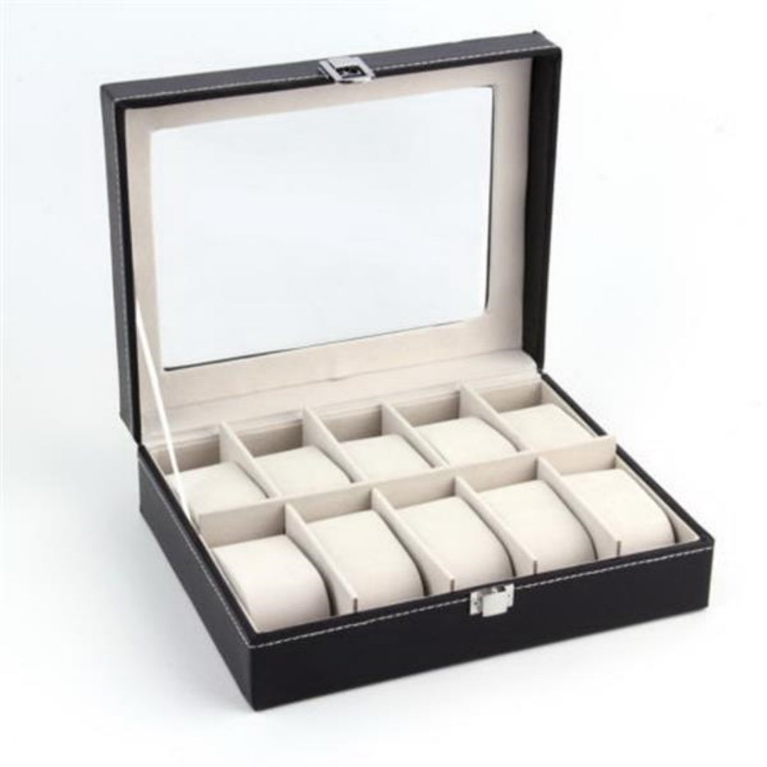 Watch Box with Glass Lid, 10 Slots, Black - image 3