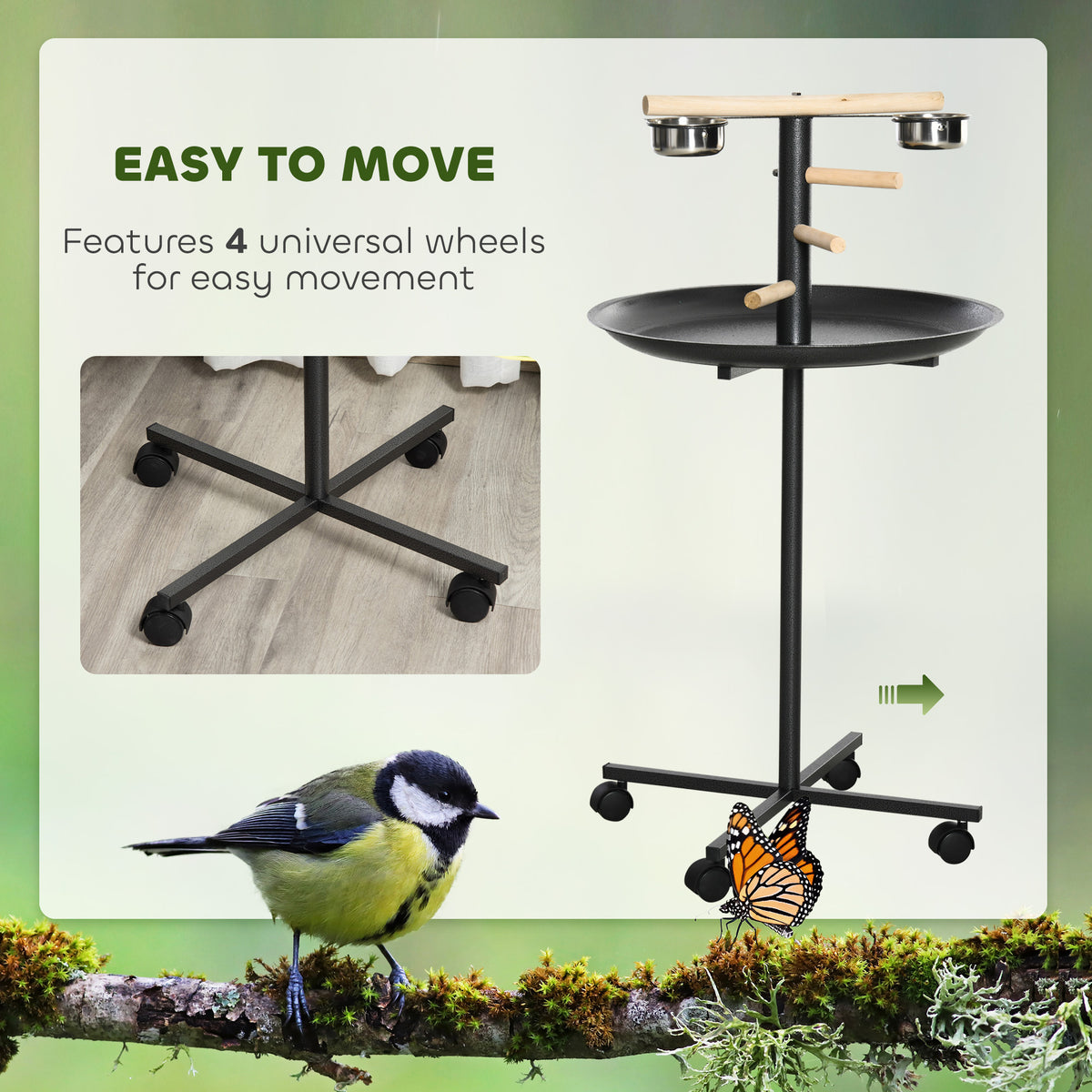 Bird Play Stand with Wheels and Feeding Bowls - image 7