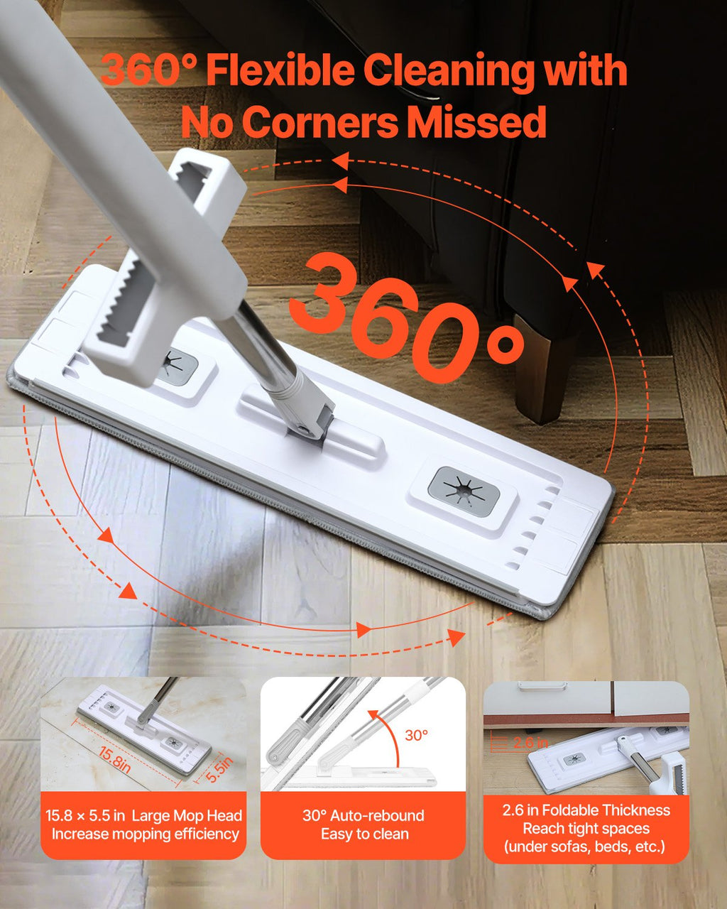 Self-Wringing Flat Mop with 4 Microfiber Pads