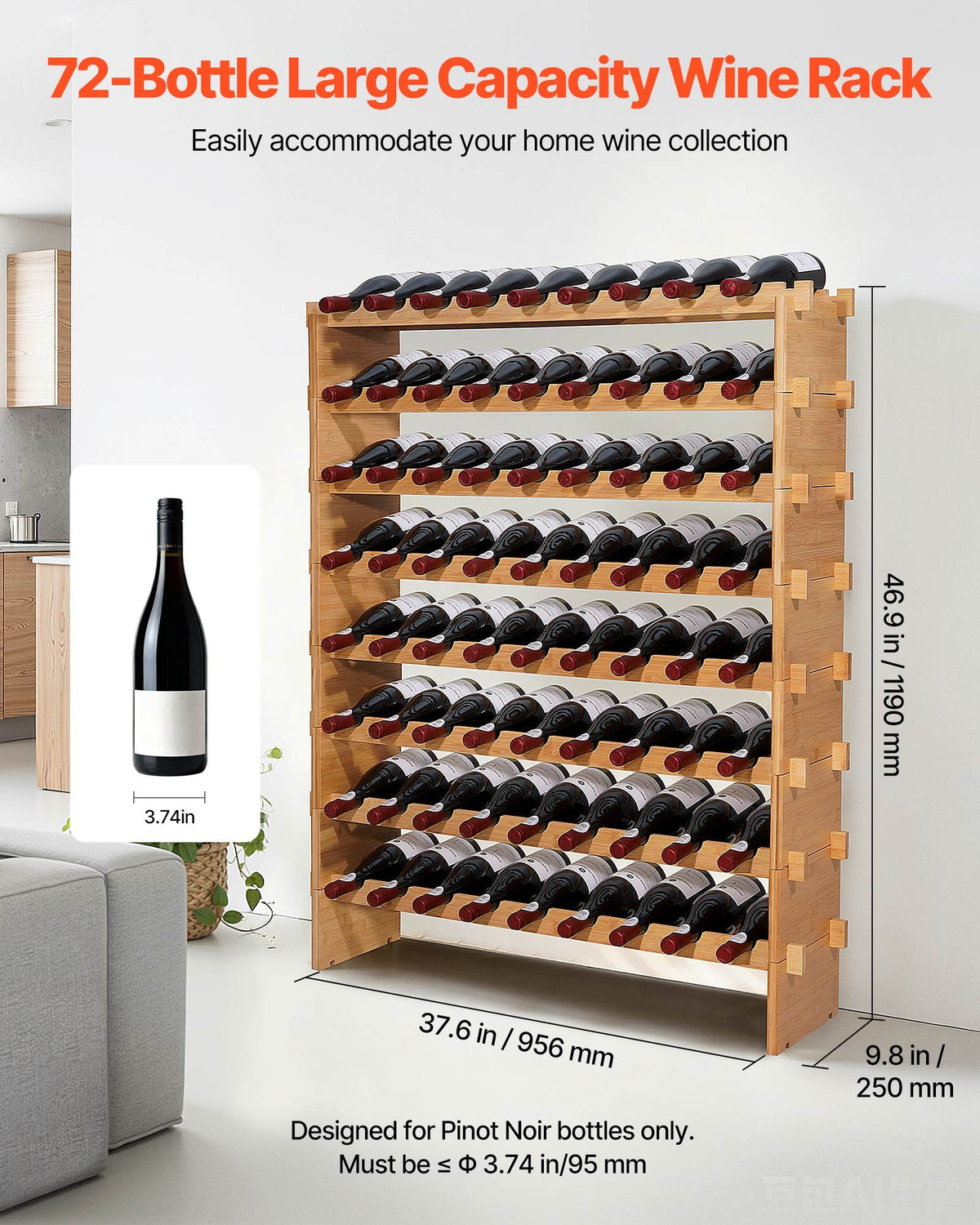 Freestanding Wine Rack, 8 Tier, 72 Bottles