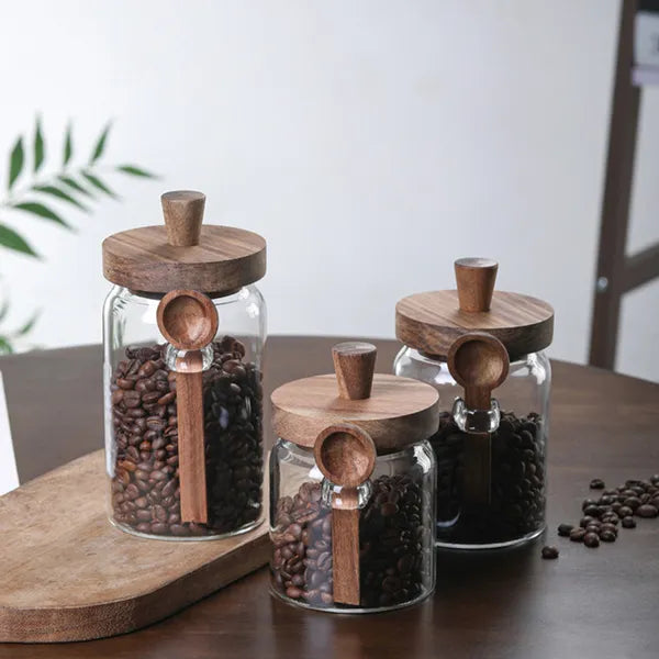 Glass Storage Jars with Wood Lids and Spoons, Set of 3