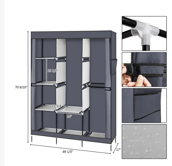 Portable Wardrobe Closet with Shelves and Cover, Gray - image 5