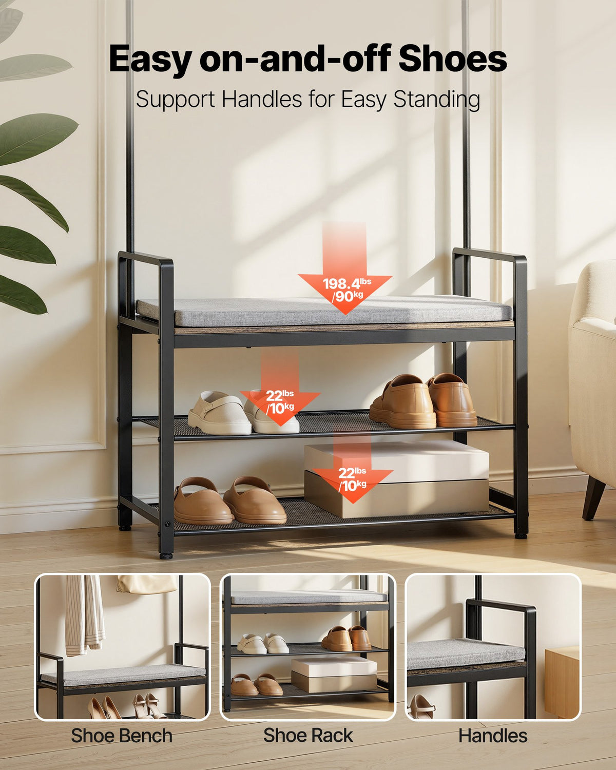 Hall Tree, 72 in Coat Rack with Shoe Bench, Black - image 3
