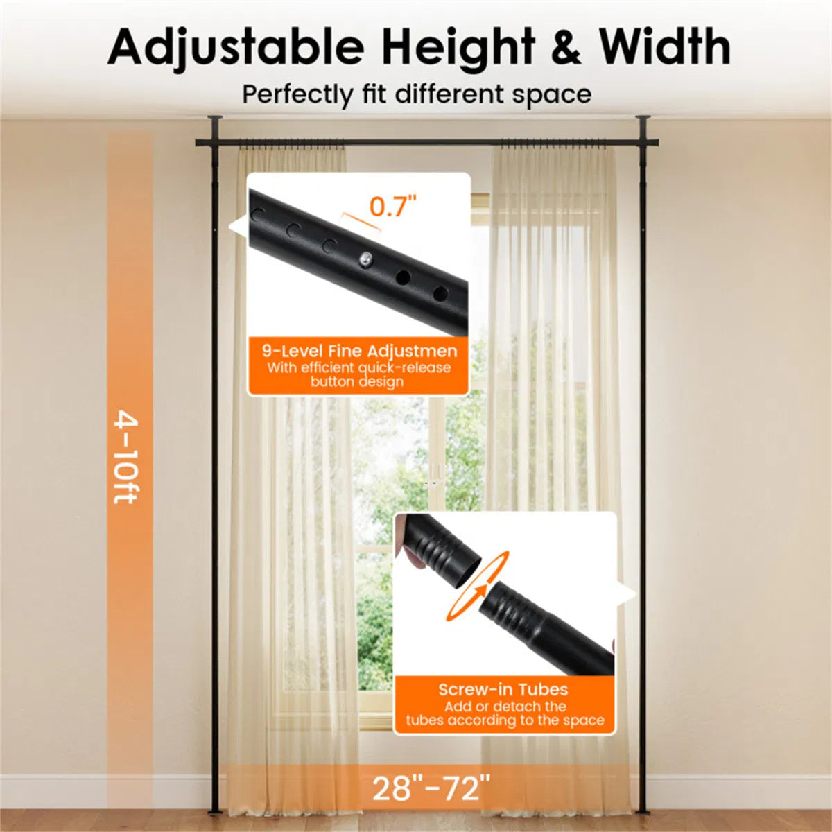Room Divider Curtain Rod, Floor-to-Ceiling Tension