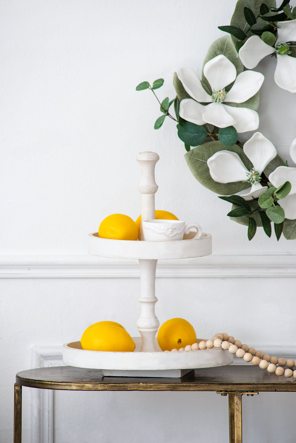 Two-Tier Round Wood Tray, White - image 2