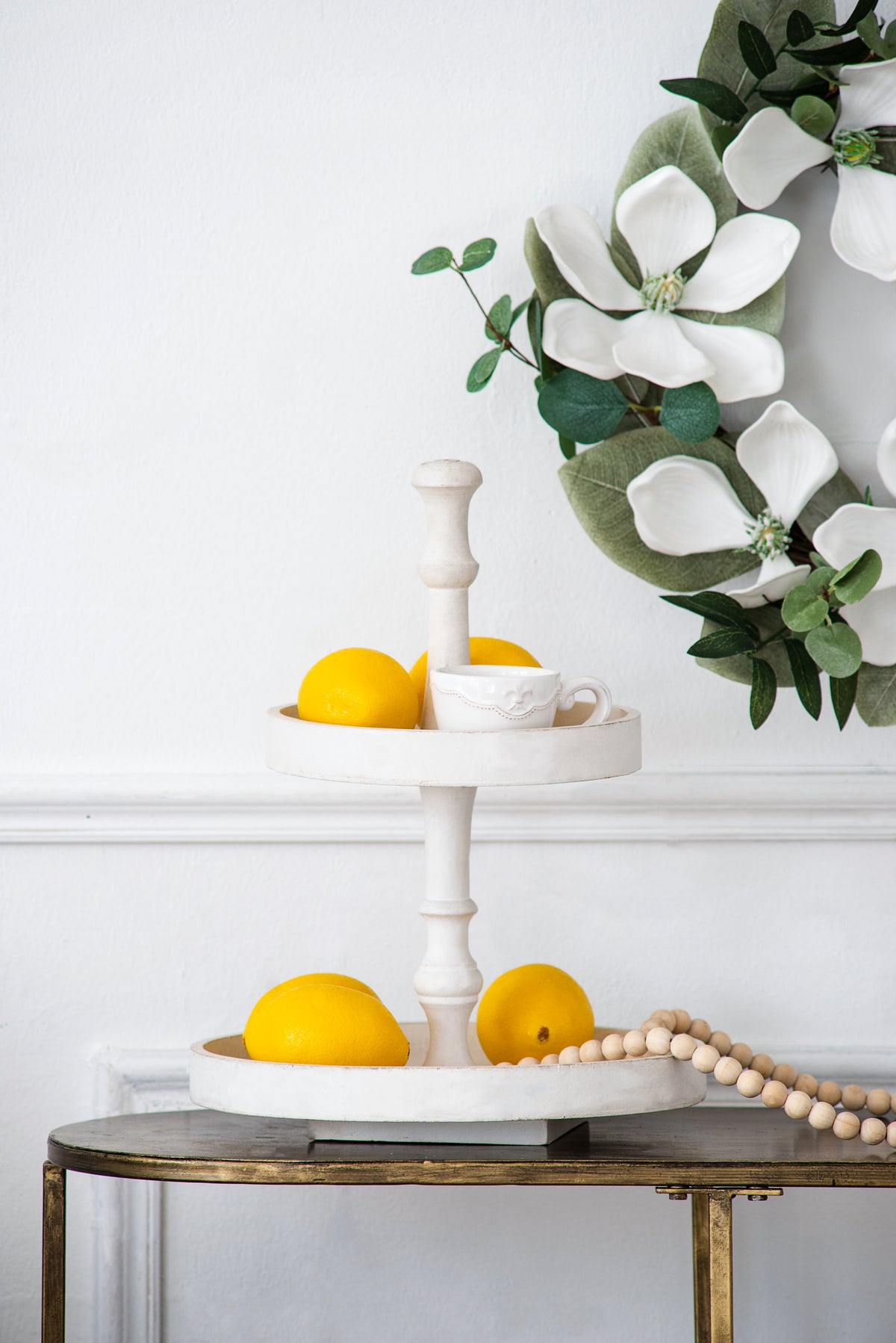 Two-Tier Round Wood Tray, White - image 2