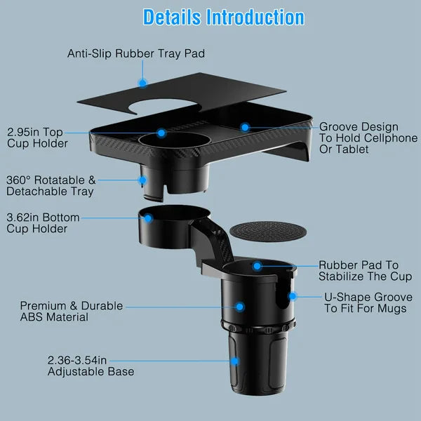 Car Cup Holder Expander with 360-Degree Rotating Tray