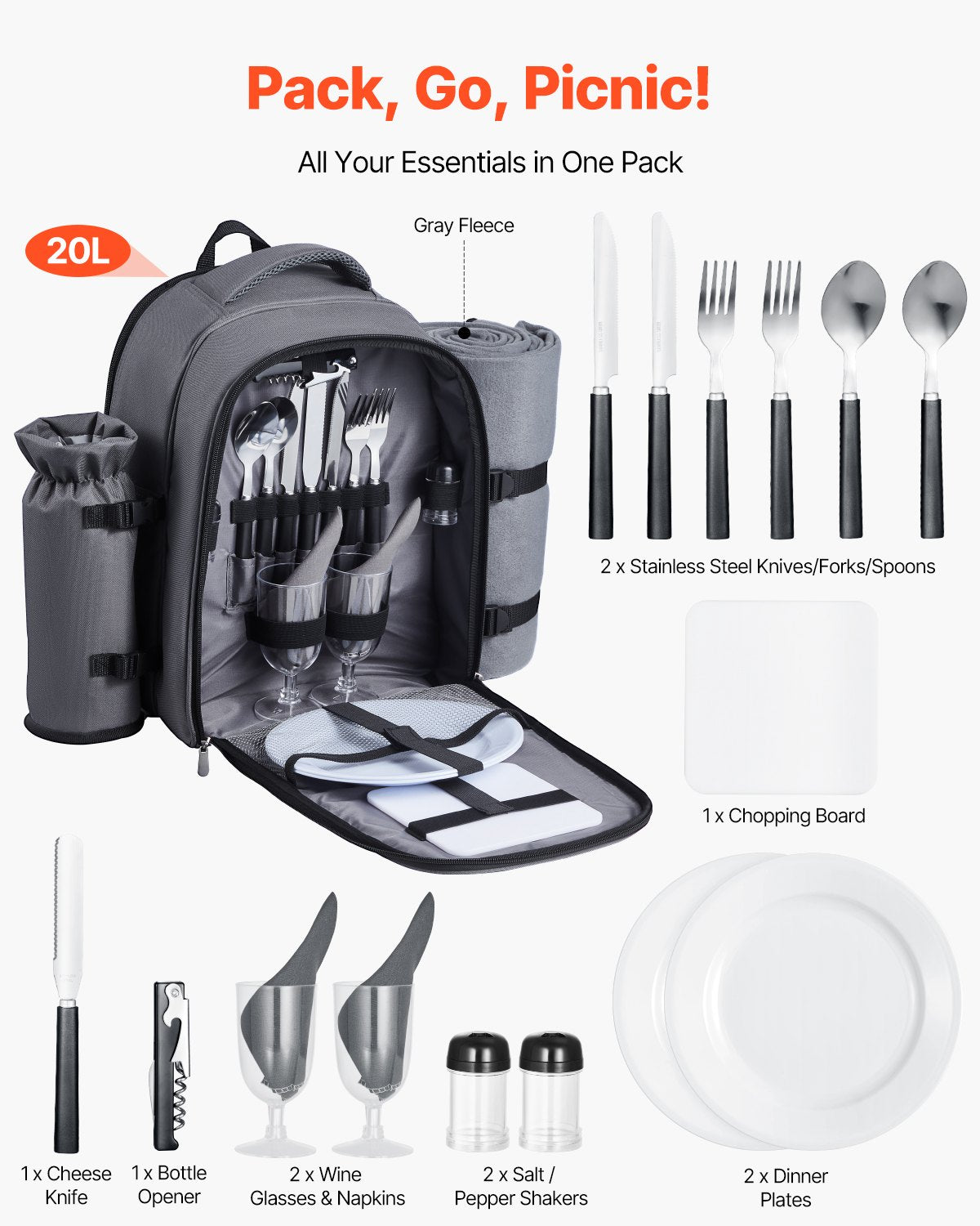 2-Person Picnic Backpack with Cooler, Grey - image 9
