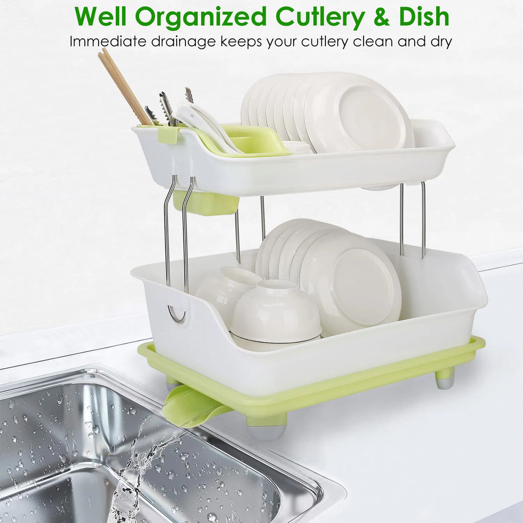 2-Tier Countertop Dish Rack with Drain Tray and Cutlery Holder - image 4