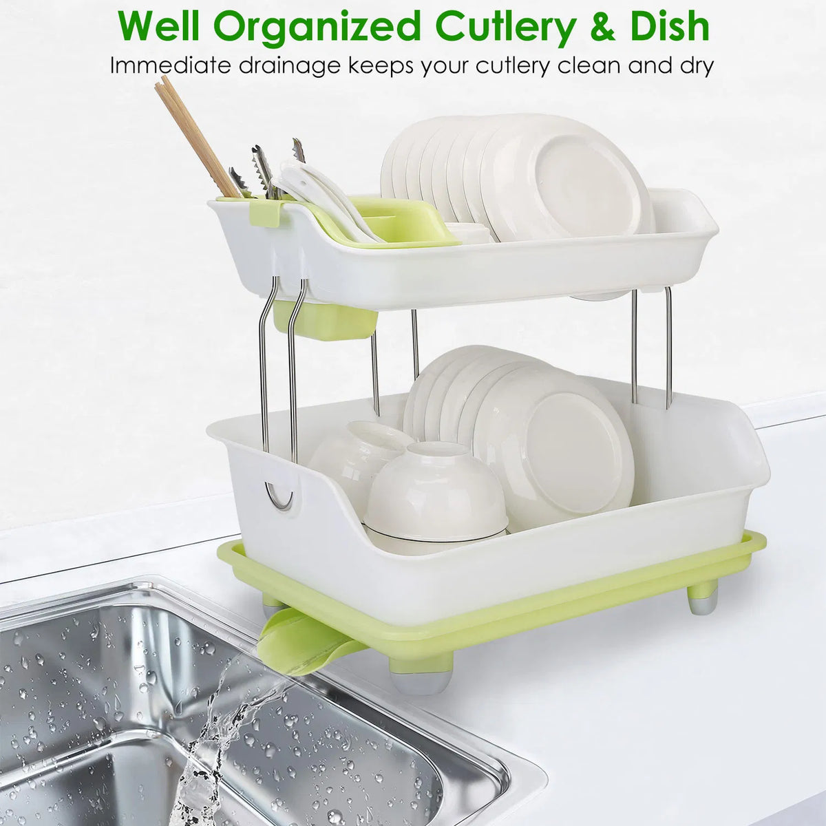 2-Tier Countertop Dish Rack with Drain Tray and Cutlery Holder - image 4