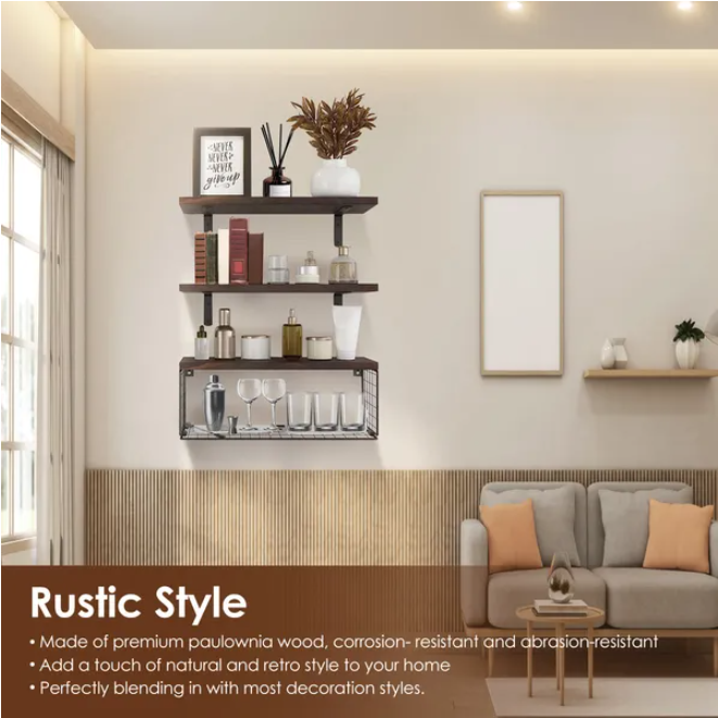 Wall Floating Shelves with Wire Basket, Rustic Brown - image 2