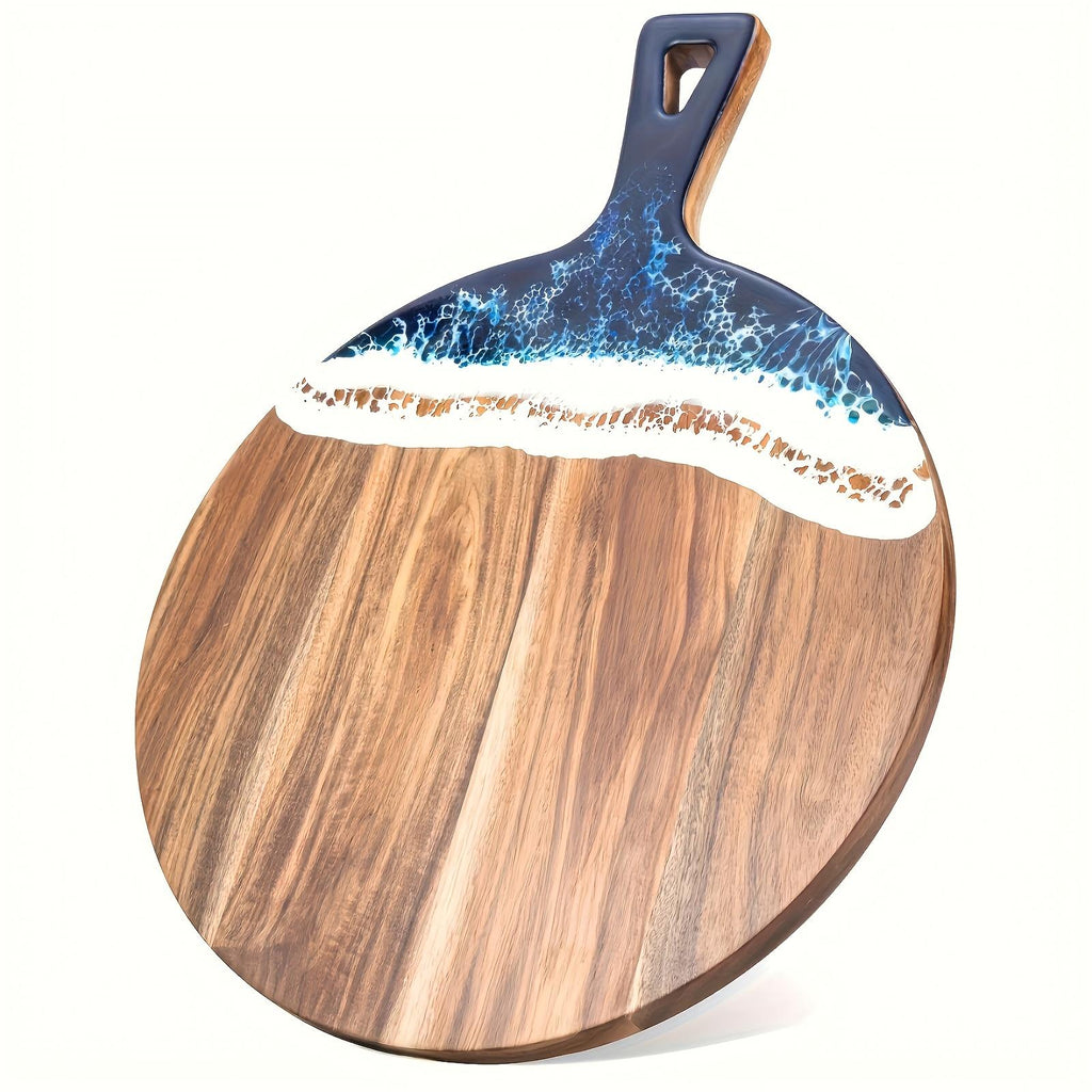 Round Acacia Wood Cutting and Serving Board, Blue Resin Accent - image 3