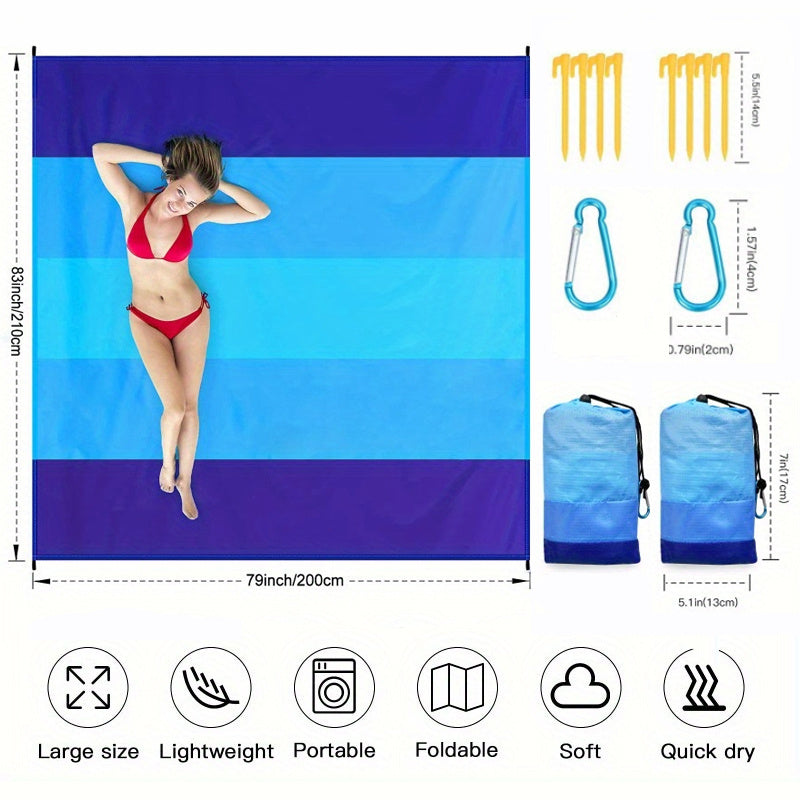Extra Large Beach Blanket with Stakes, Blue Stripe - image 3