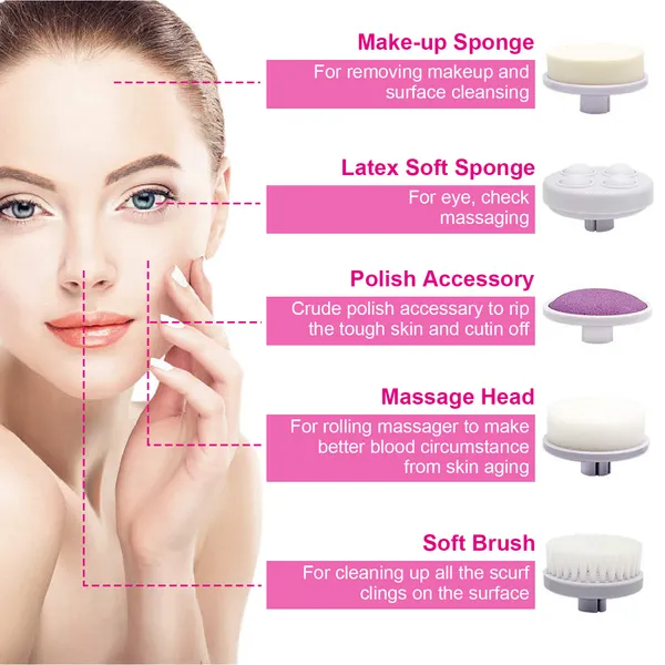 Facial Cleansing Spin Brush with 5 Heads, Pink - image 5