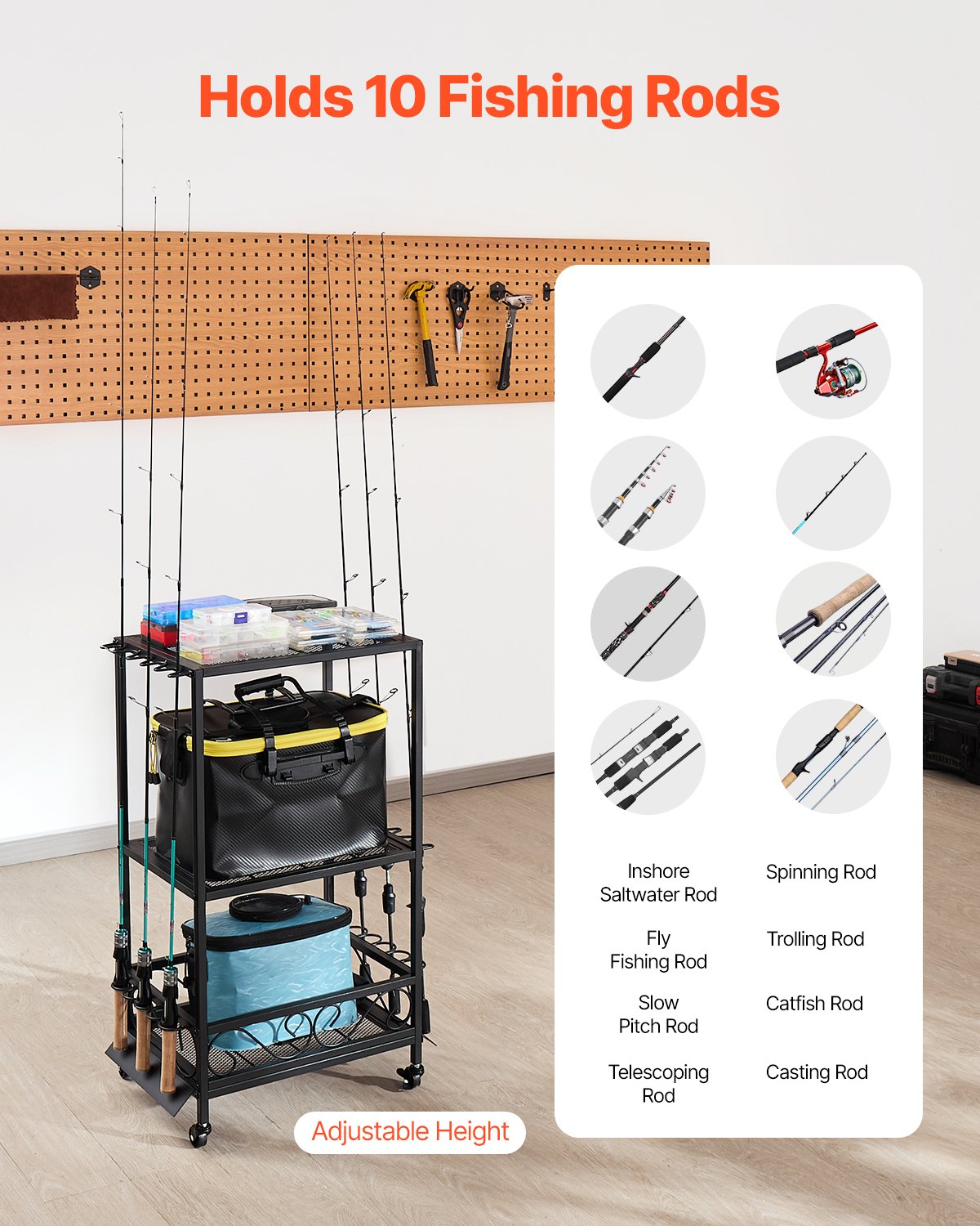 Rolling Fishing Rod Holder Cart, Holds 10 Rods