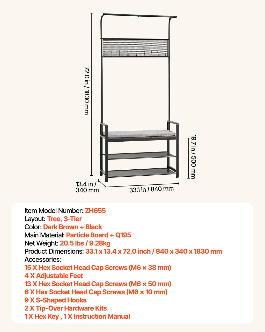 Hall Tree, 72 in Coat Rack with Shoe Bench, Black - image 2