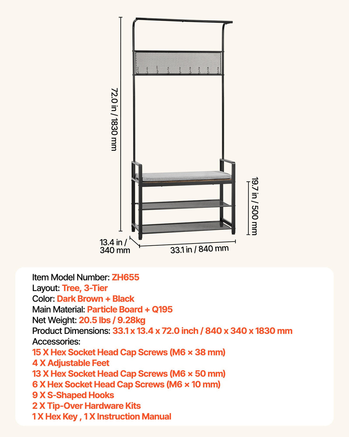 Hall Tree, 72 in Coat Rack with Shoe Bench, Black - image 2