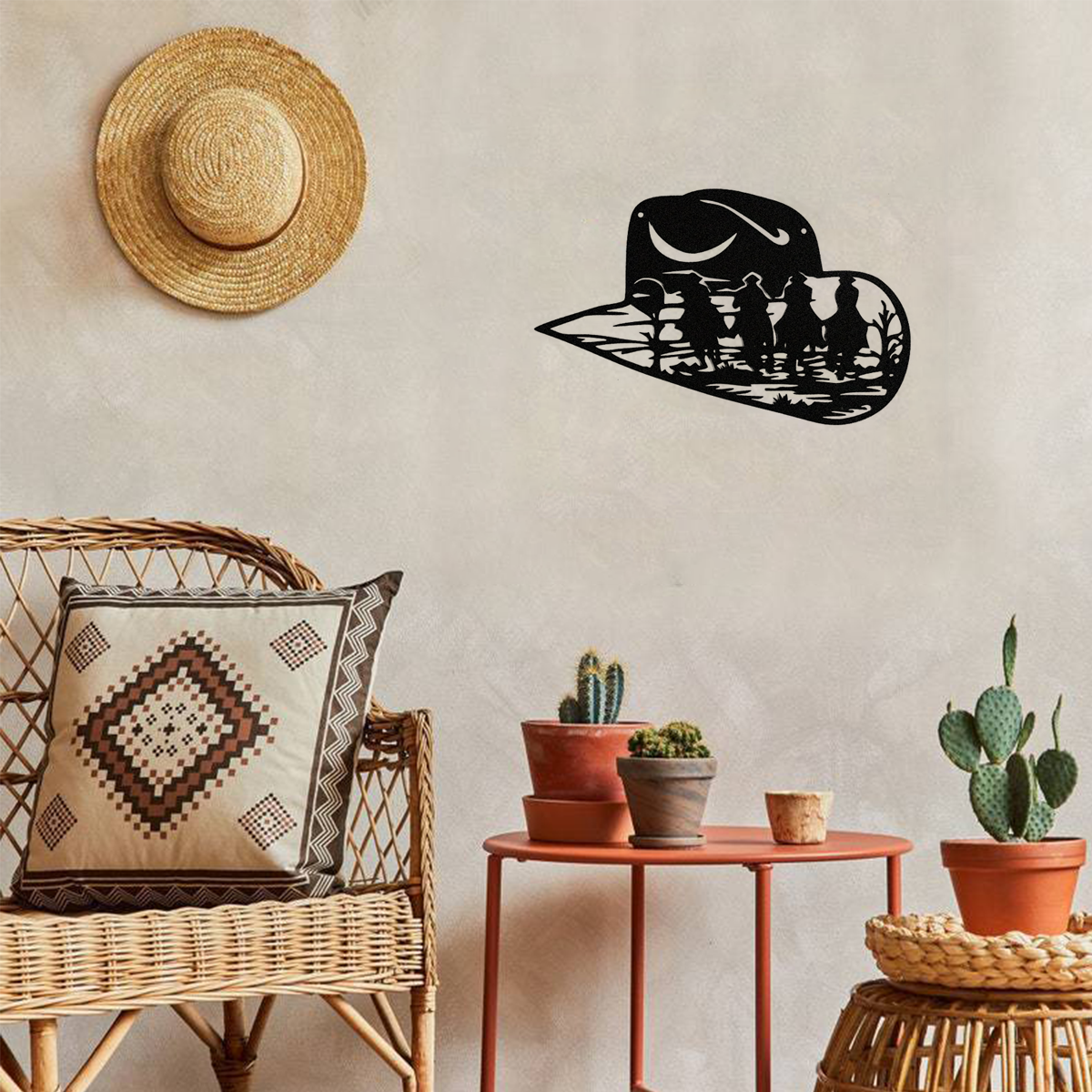 Western Cowboy Hat Metal Wall Art, Black